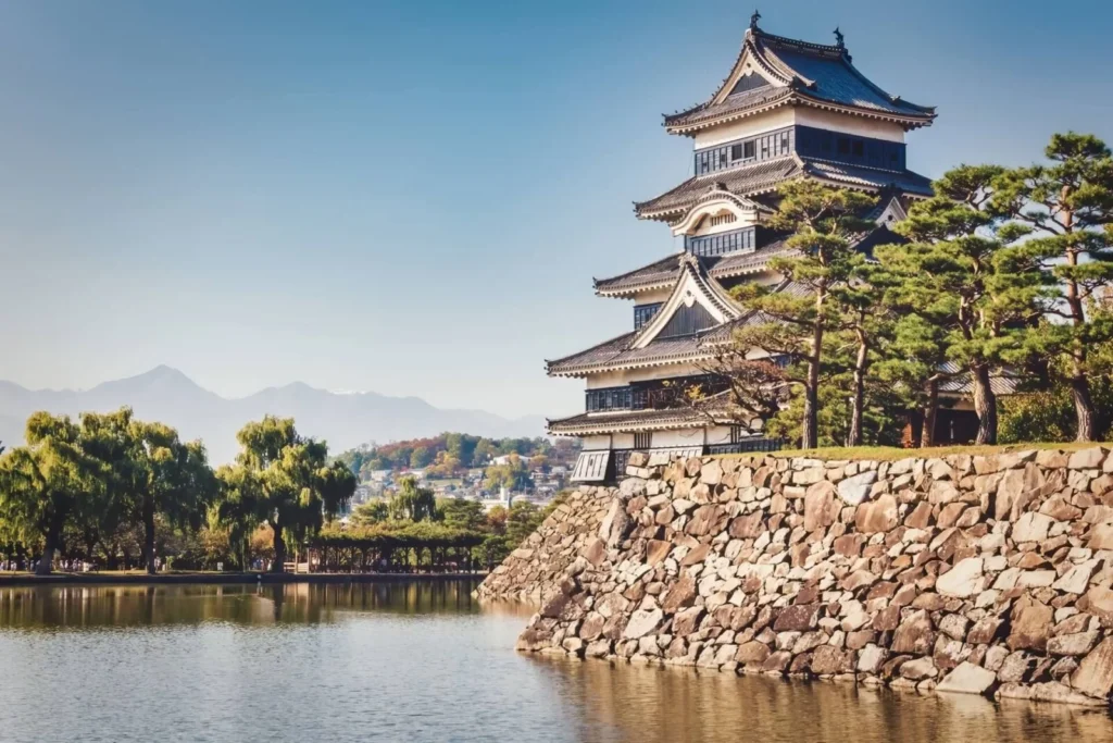Exterior of Matsumoto Castle on a sunny day, offering fantastic views of Matsumoto.