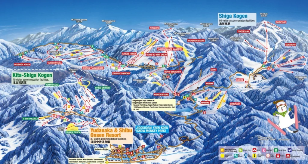 A map of the large, interconnected ski areas in Shiga Kogen Ski Resorts, Japan.