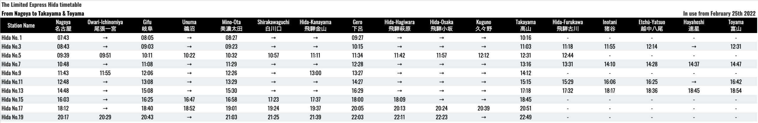 Hida-Nagoya-Takayama-timetable