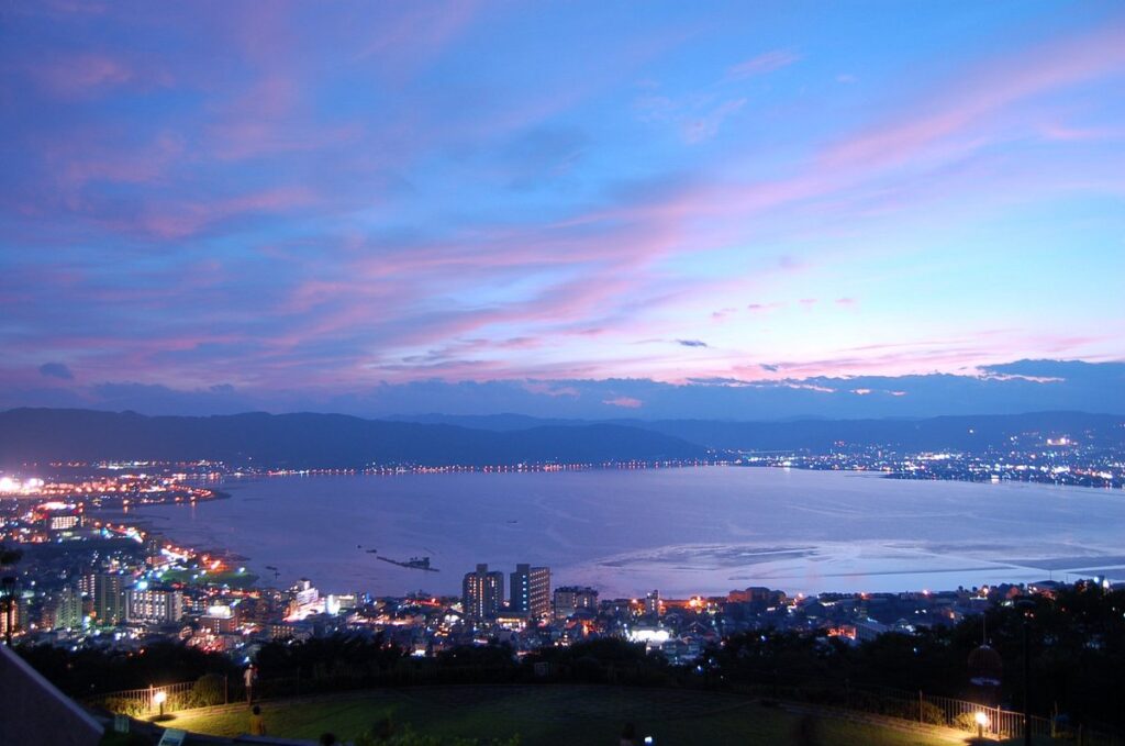 Lake Suwa at sunset in the summer.
