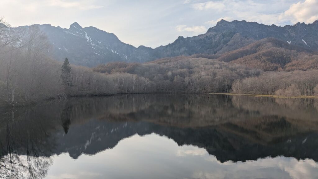 View of the Togakushi mountain chain from the mirror lake in Togakushi, Nagano.