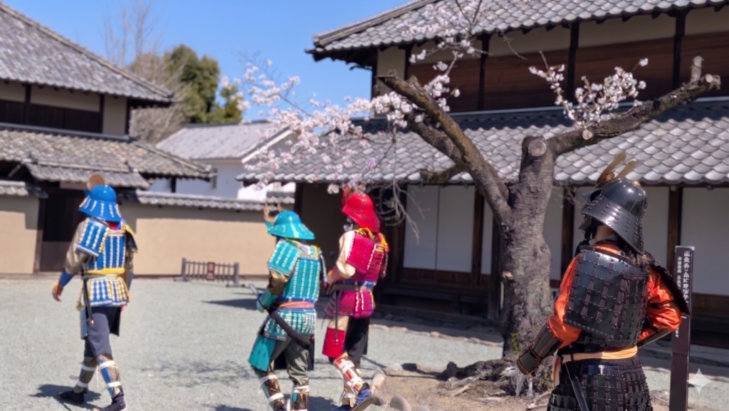 A group walks beneath a cherry tree wearing replica Samurai Armor in Nagano, Japan.