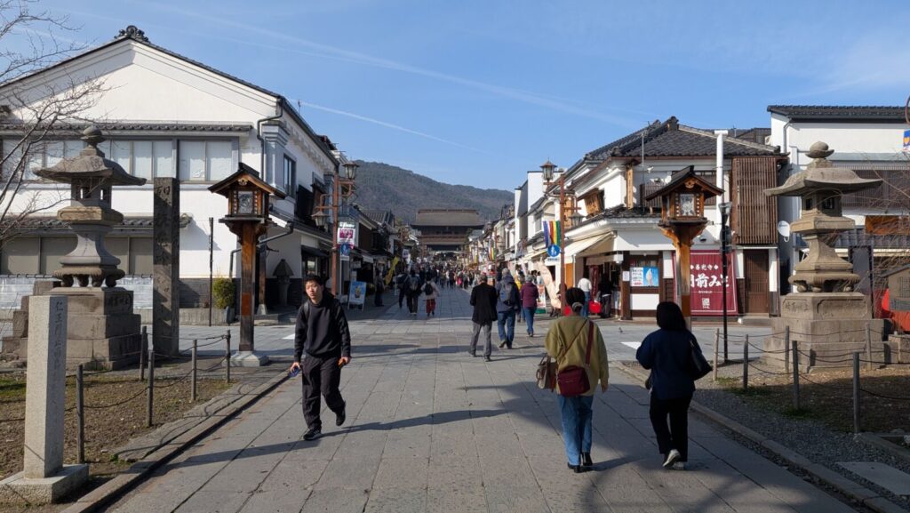 Nakamise Doori shopping street inside of Zenkoji Temple district in Nagano, Japan.