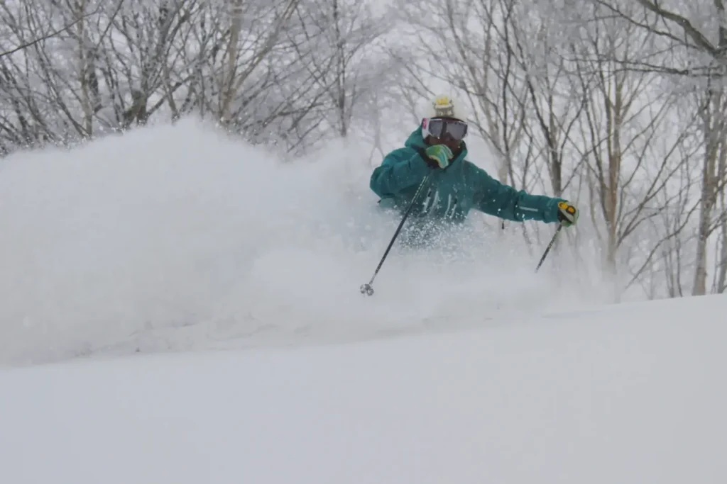 A skier kicks up a wall of fine powder snow in Japan.