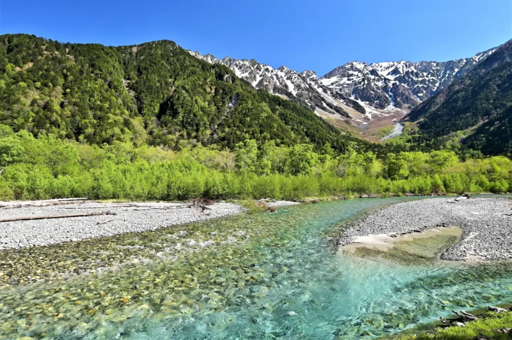 Azusa river and the Hotaka Mountains in May in Kamikochi.