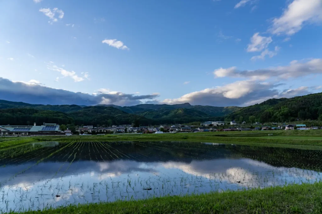 A watered rice paddy in Nagano reflecting the surrounding scenery like a mirror.