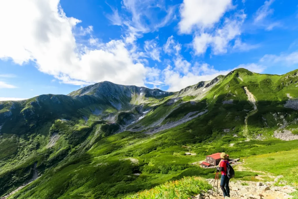 A hiker looks off in the distance on a hiking trail in Tateyama.