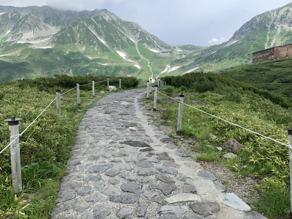 A cobblestone pathway in Tateyama, with majestic mountains in the background.