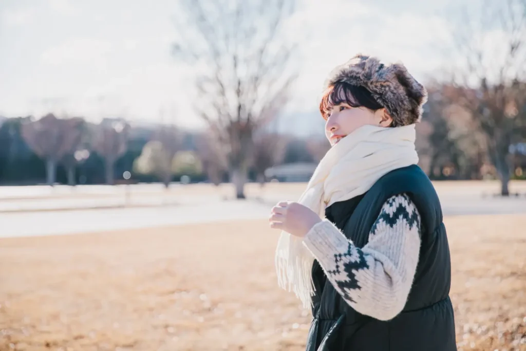 Winter layered clothing recommended for travel in Nagano in March.