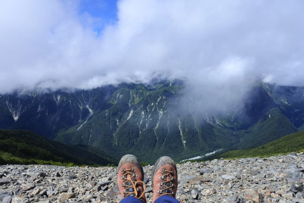Good visibility with clear views from the peak of Chogakatake in the Northern Alps in Nagano, Japan.