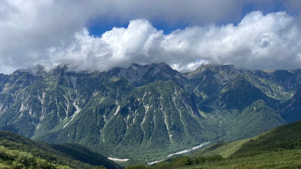 Good visibility with clear views from the peak of Chogakatake in the Northern Alps in Nagano, Japan.